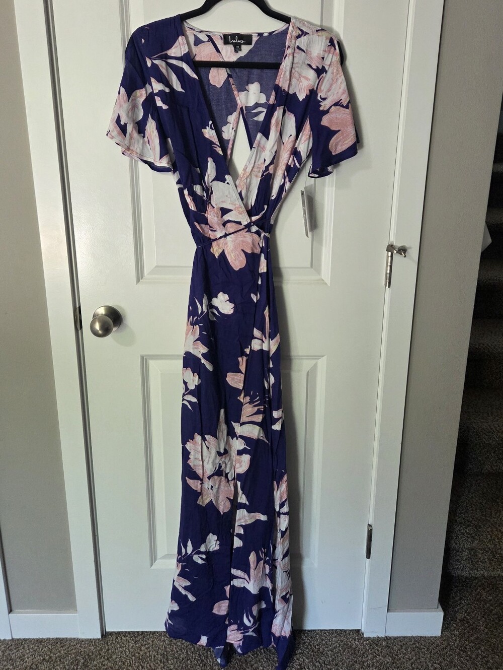 Lulu's Navy Maxi Wrap Dress with Pink Floral Print